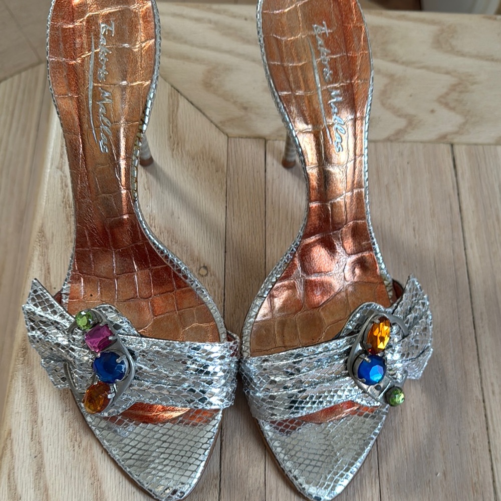 Snake Silver and Gold Mules with Gem Accents